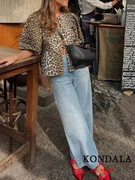 Женские блузкие рубашки Kondala Vintage Leopard Print Loak Riserts Женщины o Neck Bow Blotons короткие блузки Fashion 2024 Летняя уличная одежда D240507