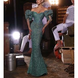 Exquisite Mermaid Prom Dresses Long Sleeves V Neck Appliques 3D Lace Floor Length Diamonds Beads Off Shoulder Pearls Evening Dress Bridal Gowns Plus Size Custom 0431