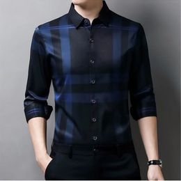 Spring Summer Polo Turndown Collar Long Sleeve Shirt Mens Stripe Korean Fit Checker Non Ironing Business Fashion Casual Tops 240429