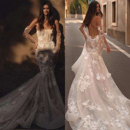 Strapless Mermaid Berta Lace Dresses Backless Wedding Dress Sweep Train 3D Floral Appliques Lace Bridal Gowns