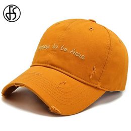 Ball Caps FS Trendy Brown Orange Hat Cotton Worn Hole Design Baseball Cap For Men Women Letter Embroidery Trucker Hats Casquette Homme Y240507