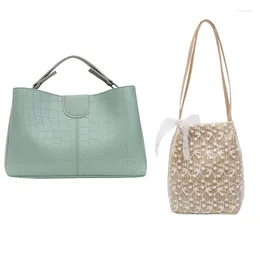 Shoulder Bags Lace Straw Woven Women's Bag Beige & Crocodile Pattern Messenger Fashion PU Leather Green