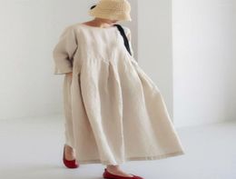 Casual Dresses Loose Maxi Dress 2022 Japanese Korean Cotton Linen O Neck Pullover Solid Long Dess Hem Robe Vestidos Mujer Summer1948071