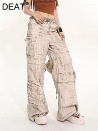 Women's Jeans Women High Waist Do Old Multiple Pockets Lace-up Straight Wide Leg Cargo Denim Pants 2024 Summer Fashion 29L7461