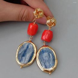 Stud Earrings YYGEM Natural Blue Kyanite Oval Shape Red Coral Nugget Dangle