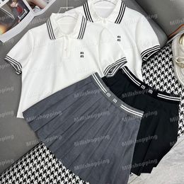 Designer Stripe Polo Tees Women Summer Pleated Skirts Letter Embroidery Skirts Summer Short Sleeve Knits Two Piece Dress