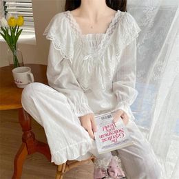 Women's Sleepwear Pyjama Sets Women White Lace Sweet Nightwear Elegant Fashion Loose Homewear Soft Cotton French Casual Autumn D800