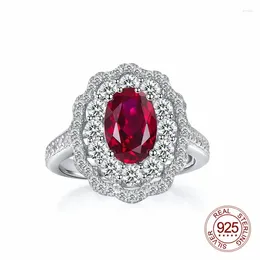 Cluster Rings 925 Sterling Silver Mirco Paving CZ Shining Jewellery 6x9mm Oval Shape Red Ruby Cubic Zircon Lady Finger Ring