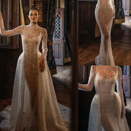 Boyun Yüksek Elbiseler Büyüleyici Düğün Sergileri Denizkızı Aplikes Çıkarılabilir Süpürme Tren Tül Özel Yapımı Artı Boyut Seksi Gelin Gown Vestidos De Novia