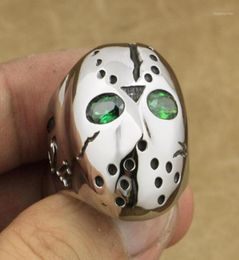 316L Stainless Steel Halloween Jason Mask Hockey Green CZ Eyes Mens Ring 3F201A19467571