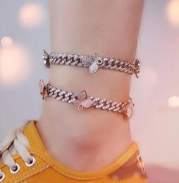 New arrived Ankle Chain Women gold silver rosegold Cuban Link iced out cz pink butterfly anklets chain set jewelry9448415