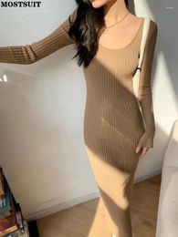 Casual Dresses Slim Knitted Bodycon Dress For Women Elegant Solid Vintage Ladies Autumn Winter Flare Sleeve Long Vestidos Mujer 2024