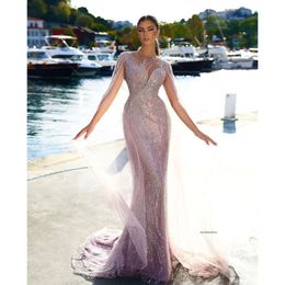 Sparkly Prom Sleeveless V Neck Capes 3D Lace Portrait Diamond Appliques Sequins Beaded Floor Length Celebrity Mermaid Evening Dresses Plus Size Custom Made 0431