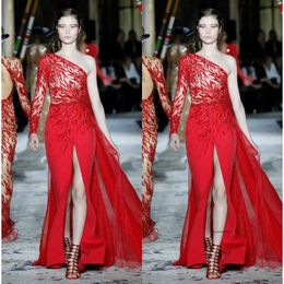 Zuhairmurad Red Customised Mermaid Evening One Shoulder Long Sleeve Formal Dress Tulle Chiffon Applique Split Party Bridesmaid Gown 0431