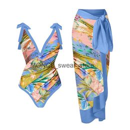 Women's Swimwear Dp V Vintage Print One Piece Swimsuit Set Elegant Cutout Strap Holiday Beach Dress High Waist Beachwear Push-Up H240507