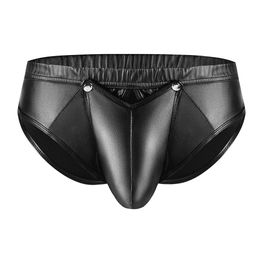 Men Faux Leather Low Rise Shiny Boxer Briefs Buckled Pouch Shorts Underwear 240506