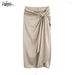 Skirts 2024 Spring Women Fashion With Knotted Gathered Front Slit Pleated Skirt Vintage High Waist Back Zipper Female Mujer 21161