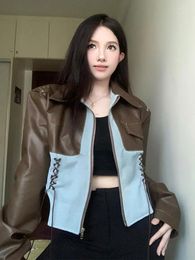 Women's Jackets Women Patchwork Bandage Y2k Aesthetic Cropped Coats Autumn Streetwear Punk Chaquetas Korean Contrast Color Pocket Leather