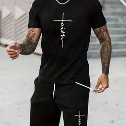 Men's Tracksuits Mens Letter Jesus Print Short Slve Set Casual Crew Neck T-shirt Shorts Set Two-piece Set Outfits Tn Summer Tracksuit Set T240505