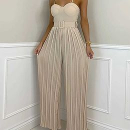 Women's Jumpsuits Rompers 2024 Summer Casual Suspenders Long Jumpsuit Women Sexy Fashion Solid Slveless Sashes Pleated Wide Leg Jumpsuit Orange Female T240505