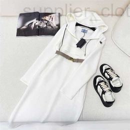 Basic Casual Dresses designer 2024 Early Spring New PRA Fashionable and Style Waist Closing Slimming Hardware Belt Decoration Hooded Dress EEIX