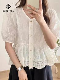 Women's Blouses Spring Cotton Embroidery Shirt Women V Neck Half Sleeve Gentle Tops Girl Loose Casual Sweet 2024 Autumn T44861QC