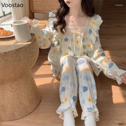 Women's Sleepwear Cute Lolita Princess Pyjamas Women Sweet Bow Ruffles Cartoon Print Pijamas Long Sleeve Home Wear Female Kawaii Pyjamas