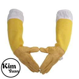 Gloves Goatskin Leather Beekeeping Gloves with Elastic Cuffs Ventilated Long Canvas Sleeves for Beekeeper