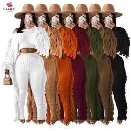 Women's Two Piece Pants SEPAQI Tassel Sweater Set 2024 Autumn Winter Women Solid Long Sleeve Crop Top And Rib Knitted Suits Tracksuit