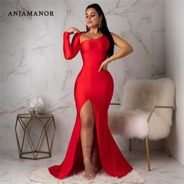 Basic Casual Dresses ANJAMANOR Sexy Party Dresses for Women Solid One Shoulder Backless Long Slve High Split Maxi Dress Black Red Blue D53-CC32 T240507