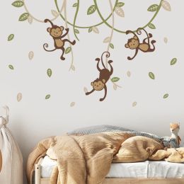 Stickers Boho Monkey Hanging on Branch Leaves Jungle Wall Sticker Nursery Vinyl Wall Decal Boys Baby Bedroom Playroom Interior Home Decor