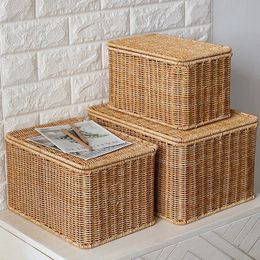 Rectangular Hand Woven Storage Baskets Large Rattan Storage Box with Lid Laundry Bins Basket Closet Organizer Sundries Container 240420