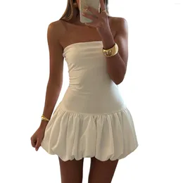 Casual Dresses Women Vintage Strapless Mini Sweet Dress Summer Solid Color Puff Bubble Party For Cocktail Beach Streetwear