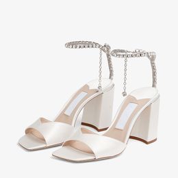 Famous Women Pumps SAEDA SANDAL/BH 85 mm Satin Sandals High Heels Italy Crystal Ankle Chain Embellished Peep Toes Designer Evening Dress Coarse Heels Sandal EU 35-43