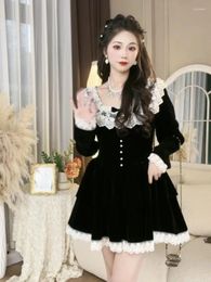 Party Dresses Women Black A-line Mini Dress 2024 Autumn Winter Elegant Lace Patchwork Long Sleeve Female Korean Velvet Prom