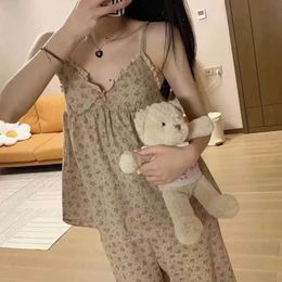 Women's Sleep Lounge Floral Sleepwear Women Pajama Sets Spaghetti Strap Pijama Pants Suit Summer Korean V-neck Night Wear for Sleeping 2 Pieces Pad