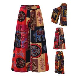 Women's Pants Capris Retro Floral Printed Wide Leg Women Trousers Mid-rise Elastic Waistband Pockets Women Pant Ethnic Style Ankle-Length Casual Pant T240507