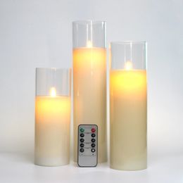 Glass Flameless Candles Set 8 10 12 Battery Operated Real Wax Pillars LED With Remote Control Cycling Timer 240430