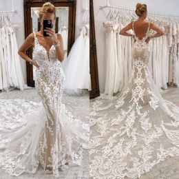 Mermaid Lining Fashion Dresses Nude Spaghetti Lace Wedding Dress Sweep Train Backless Wedding Bridal Gowns