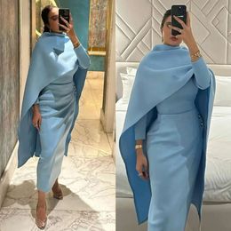 Von Mutter die blaue Himmelbraut Kleider mit Cape Hantel Tee Länge Promkleid für besondere OCNS Langarm muslimisch formale Kleider Abendkleider Mal s