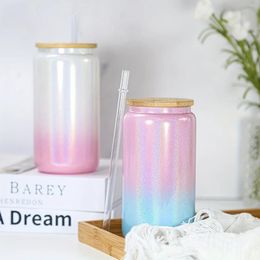 Wine Glasses 1pc 16oz Glass Tumbler Glitter Jar Shimmer Beer Mug Can Shaped Drinking With Bamboo Lid And Reusable Straw DIY Gifts