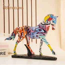 NORTHEUINS Resin Graffiti Art Horse Figurines Painted Colourful Animal Statue Home Living Room Desktop Feng Shui Ornament Decor T240505