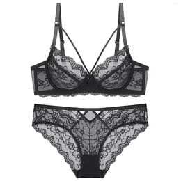 Bras Sets 2024 Sexy Set For Women 70-80 Bc Cup Skin White Black 6 Colours Push Up Underwear Plus Lace Fashion And Panties