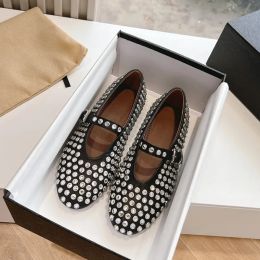 Designer Shoes Mary Jane Ballet flat shoes Round Head Rhinestone Stud embellished Buckle Strap women's luxury Brand Leather factory footwear