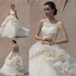 Ivory Color Ball Gown Beach Wedding Dresses Sexy Sheer Back Strapless Tulle Ruffles Bridal Gowns Floor Length Simple Wedding Dresses