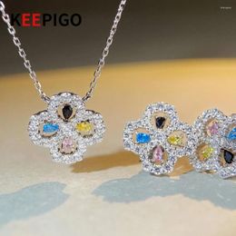 Chains KEEPIGO S925 Sterling Silver High Carbon Diamond Four-Leaf Pendant Necklaces For Party Fine Jewelry Set Gift RA018