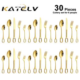 30Pcs Luxury Tableware Set 304 Stainless Steel Knife Fork Spoon Cutlery Set Elegant Dinnerware Set Creativity Hangable Design 240506