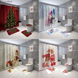 Curtains Bipoobee Merry Christmas Shower Curtains and Rugs Sets Snowman Elk Bathroom Decor NonSlip Rug Toilet Seat Cover Bath Mats Set