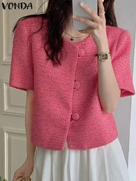 VONDA Fashion Summer Women Blazer Short Sleeve Solid Color Coats Buttons Casual Loose Elegant Office Basic Shirts 240507