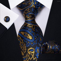 Bow Ties Retro Luxury Blue Gold Paisley Men Black Tie For Office Party Wedding Fashion Handkerchief Cufflinks Set Wholesale YourTies